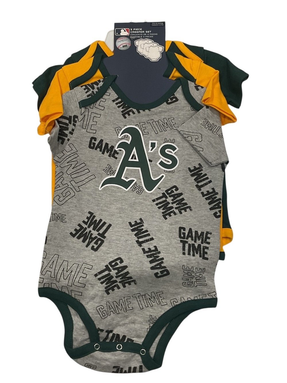 MLB Oakland Athletics 3 Piece Creeper Set Baby Bodysuits Green Yellow Grey NWT
